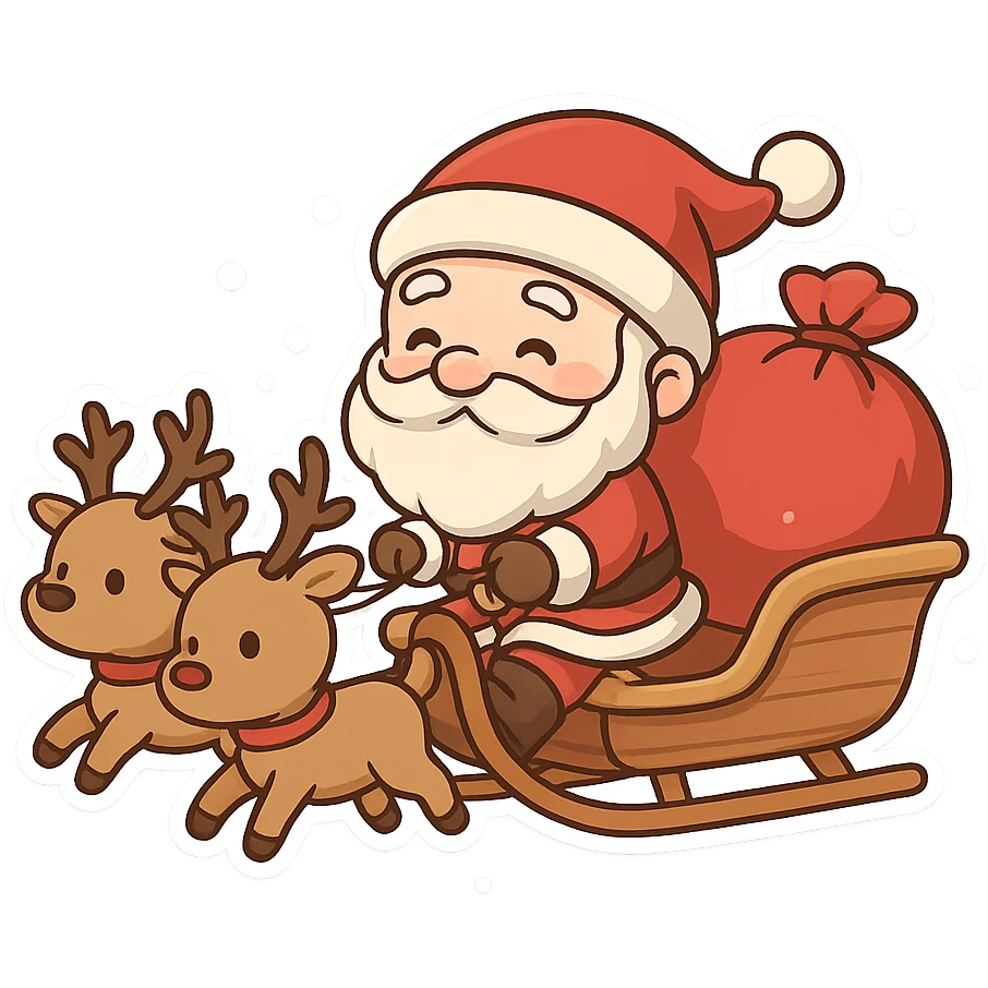 一个圣诞老人坐着雪橇，飞在天空中，雪橇有3头驯鹿拉着。圣诞老人背着一大袋红色的礼物袋子。 emoji