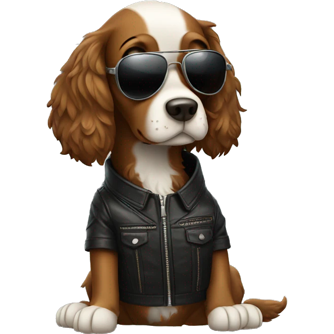 Spaniel wearing a leather jacket and aviator sunglasses emoji