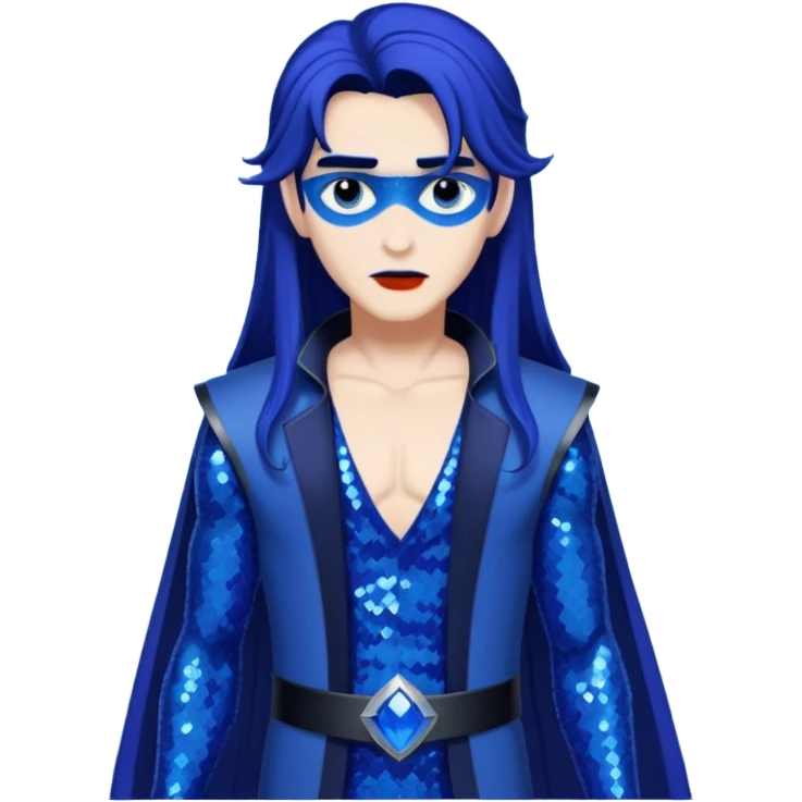 Hades from Lore Olympus with long indigo hair, indigo sequin outfit emoji