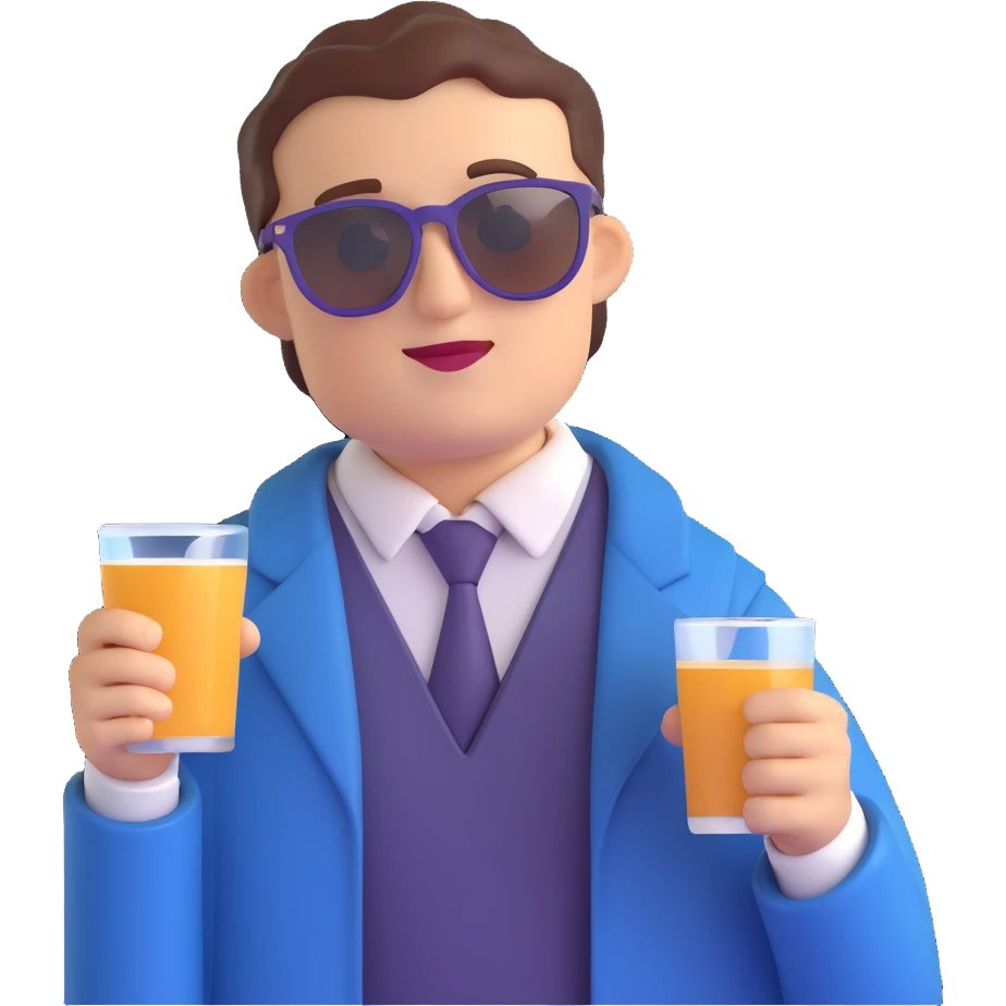 academician man with sunglasses drinking, academic attire, confident expression emoji