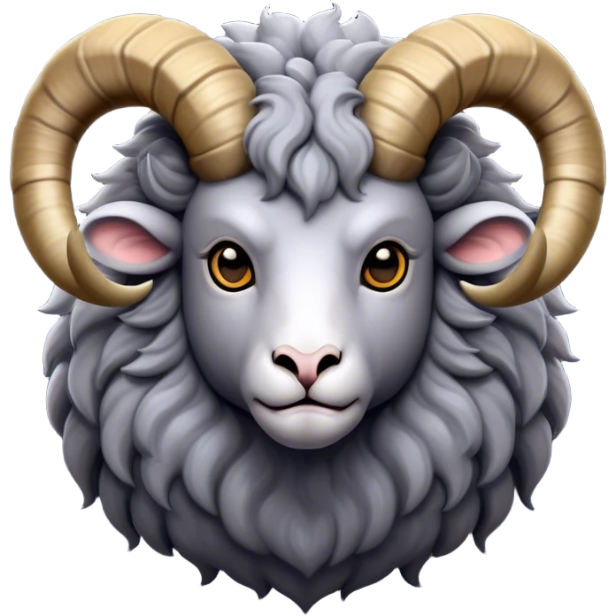 Cinematic Noble Ram Portrait Emoji, Poised and regal, with a sturdy, powerful build and a thick, woolly grey fur adorned with impressively curled horns, deep-set soulful dark eyes, Simplified yet sharp and sophisticated features, highly detailed, glowing with a soft, dignified glow, high shine, intelligent and commanding, stylized with an air of rugged majesty, focused and attentive, soft glowing outline, capturing the essence of a watchful and confident ram, so majestic it feels as though it could charge out of the screen with effortless authority! emoji