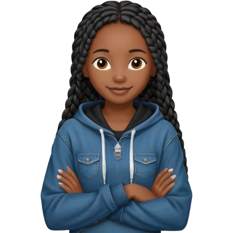 African American dark skin girl with long black box braids wearing a black hoodie with denim skinny jeans with arms folded across chest emoji