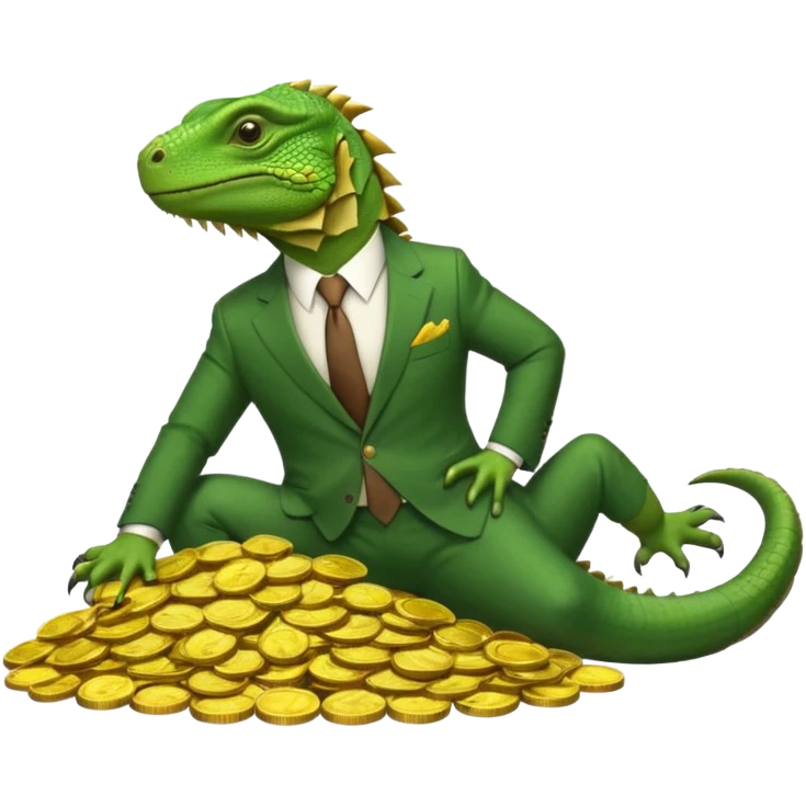 capitalist iguana in suit lying resting on coins emoji