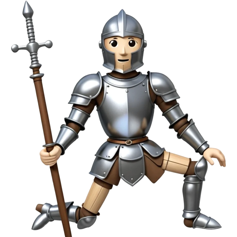 3D render of Knight Puppet as a wooden marionette puppet, Painted silver wood armor, strings, silver metal screw joints at elbows and knees, polished brown wood texture, rigid toy pose, emoji style, isolated on white background --v 6.0. emoji