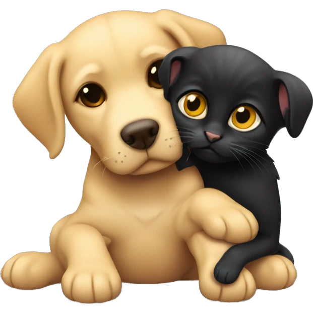 Small black kitten cuddling with dark yellow Labrador dog emoji