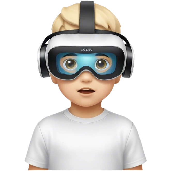 Child wearing virtual reality glasses, with a curious and engaged expression, exploring the digital world through VR technology. emoji