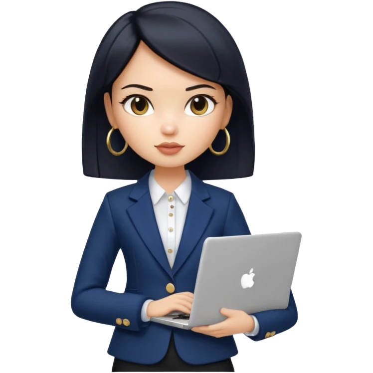 a pretty bratz girl with straight black short hair wearing a dark blue blazer and carrying a laptop. gold small hoops emoji