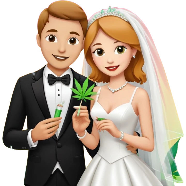 Bride in white dress and groom in tuxedo sharing a cannabis joint, cheerful cartoon wedding couple with vibrant colorful background emoji