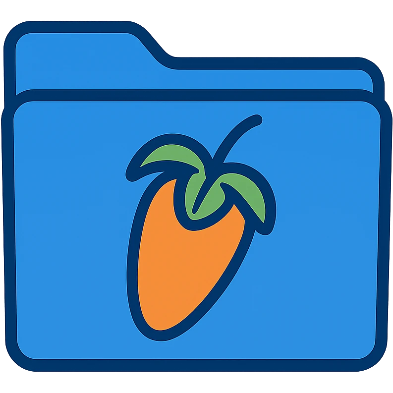 Add the FL Studio logo as an emblem on the blue folder icon. The logo should be a stylized orange fruit with green leaves, clearly visible and recognizable. Maintain the folder's blue color and ensure the background is fully transparent. The style is flat and modern, prioritizing clarity and recognizability. emoji