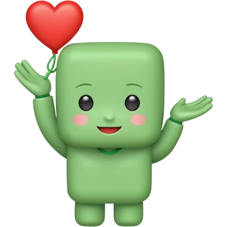 A cute green block-headed mascot with a happy face and blush, wearing “FGH” on its chest. It holds a shiny red heart in one hand. Chibi style, soft glow outline, cheerful and friendly. emoji