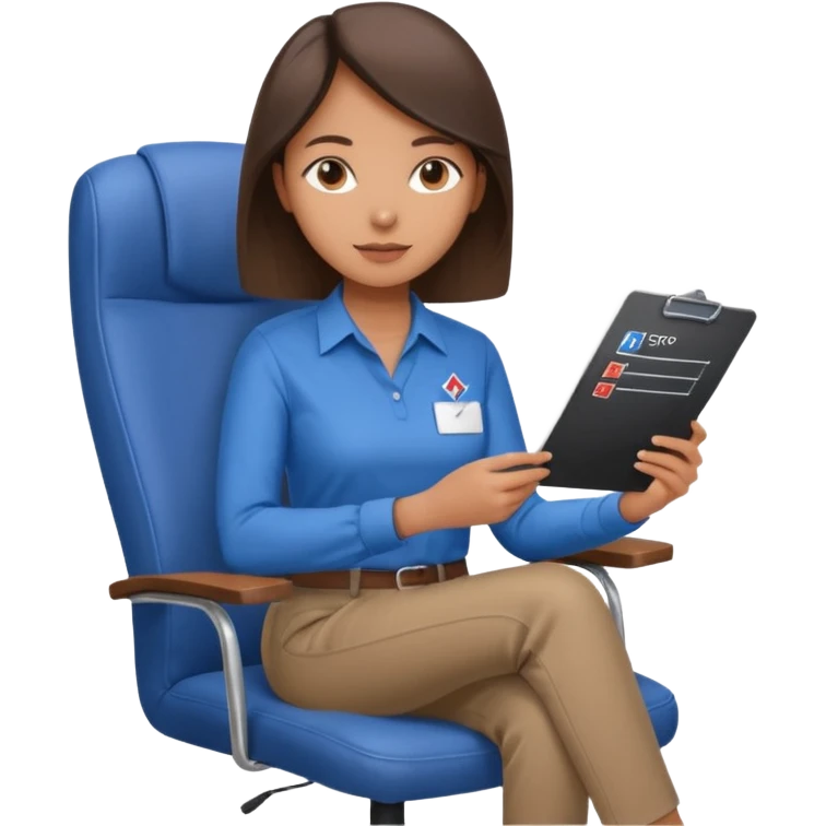 Generate an emoji of a female AI ethicist in blue shirt brown pant sitting in a chair and has a checklist stating AI ethics elements like stop bias, fairness score emoji