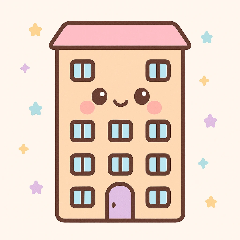 apartment building, kawaii chibi anime style, flat pastel colors, thick outlines, simple cute features emoji