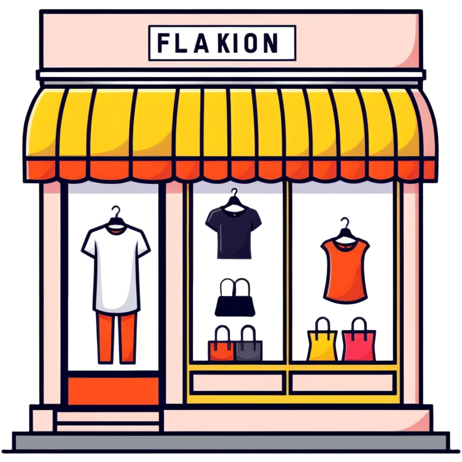 Boutique shop window with price tags and fashion items emoji