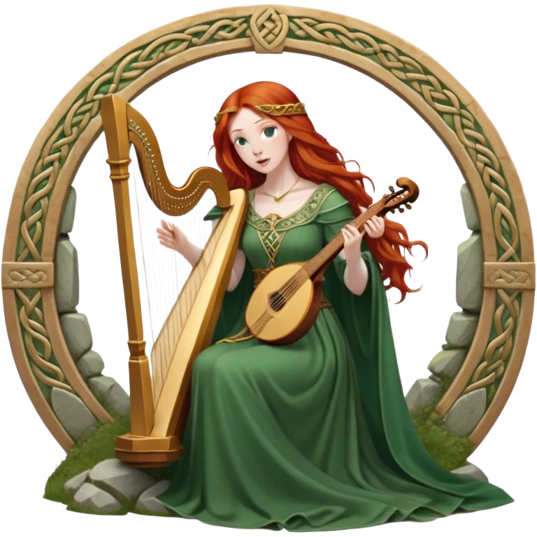 A woman with flowing red hair, wearing a green medieval gown with a golden belt, playing a harp in a stone circle, Celtic fantasy setting, detailed  emoji