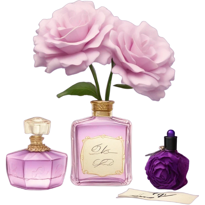 Aesthetic showcase of light pink stock flowers, a vintage-inspired violet perfume bottle, an emotional love note, and a purple silk bookmark. emoji
