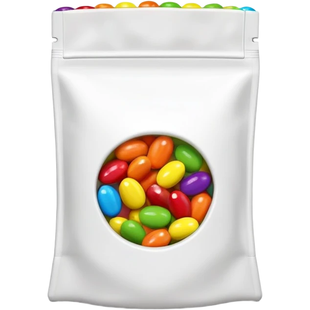 Extremely simplified half-open Skittles pouch with just a few green candies peeking out. Clean rainbow colored minimal design. emoji