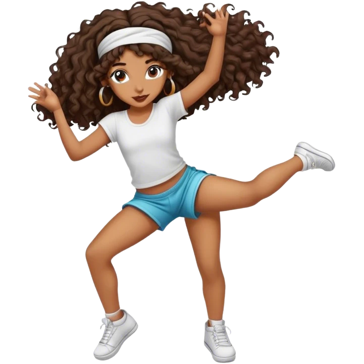 Dancing brown girl with long darn brown curly hair with headband hip hop emoji