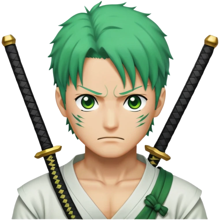 Roronoa Zoro with green hair, three swords, white shirt, green haramaki emoji