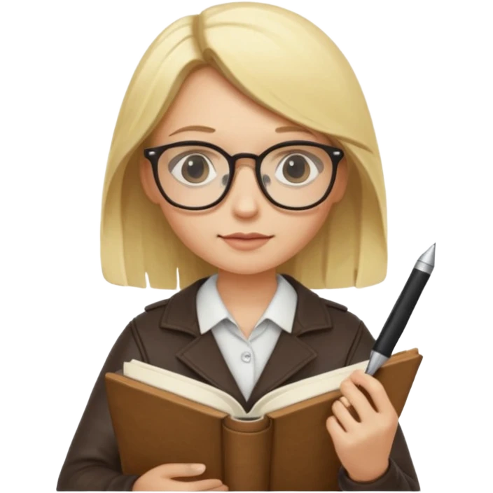 writer holding pen in hand and closed book in other hand, with blonde hair and wearing glasses emoji