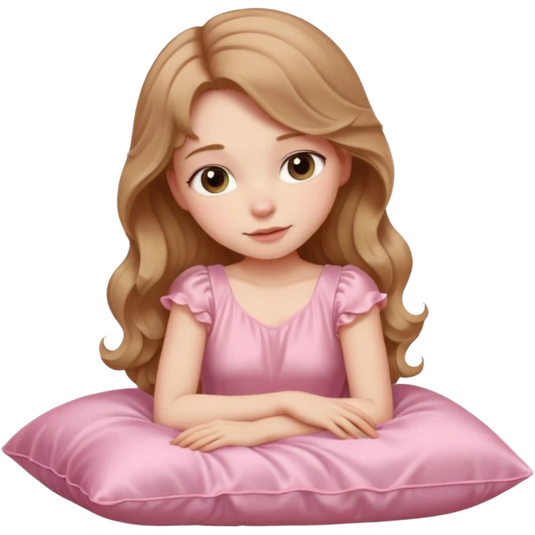 Sleeping beauty pale-skinned girl with light brown wavy hair, resting peacefully on a soft pink silk pillow on her side, wearing a pastel pink dress emoji