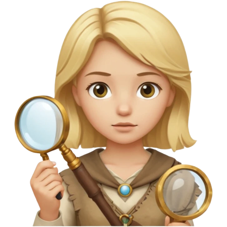 blonde haired girl in archaeological outfit, holding magnifying glass emoji