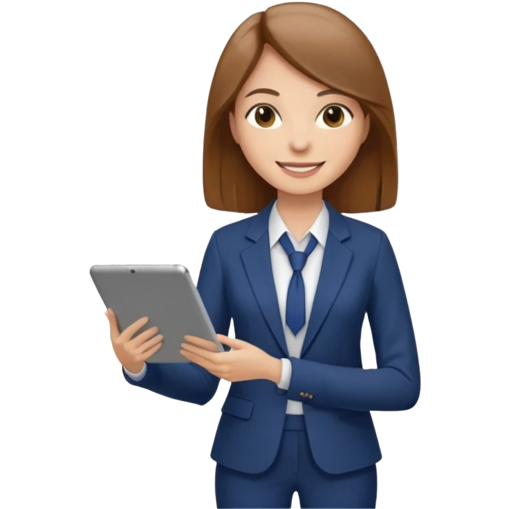 quest guide woman with straight light brown hair, academic outfit blazer blouse pants, smiling, holding digital tablet emoji
