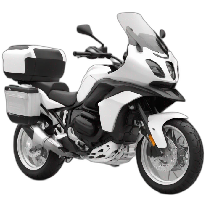 Moto tipo rally viajera sin alforjas y con maletero blanco y negro emoji