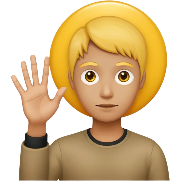 A yellow circle face person with neutral face with his hand in front of him at 120 degree angle emoji