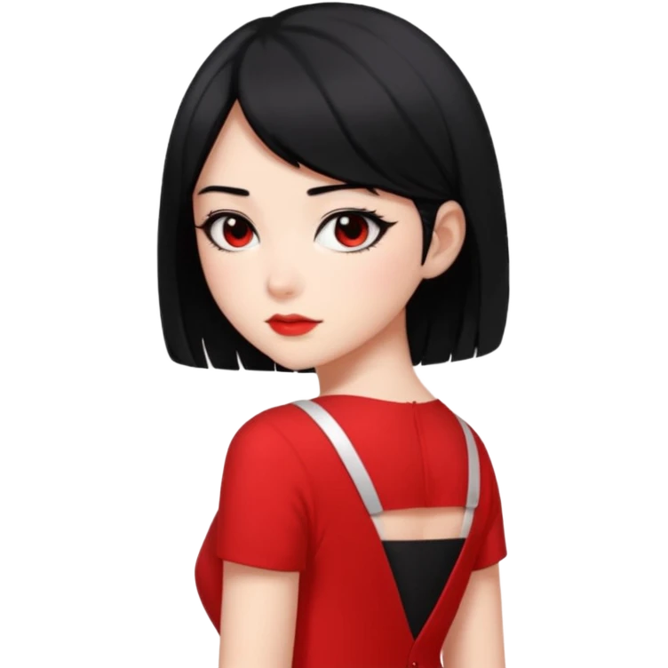 Chica Otaku con delineado con vestido rojo escotado en la espalda y pelo semi corto negro súper sexy emoji