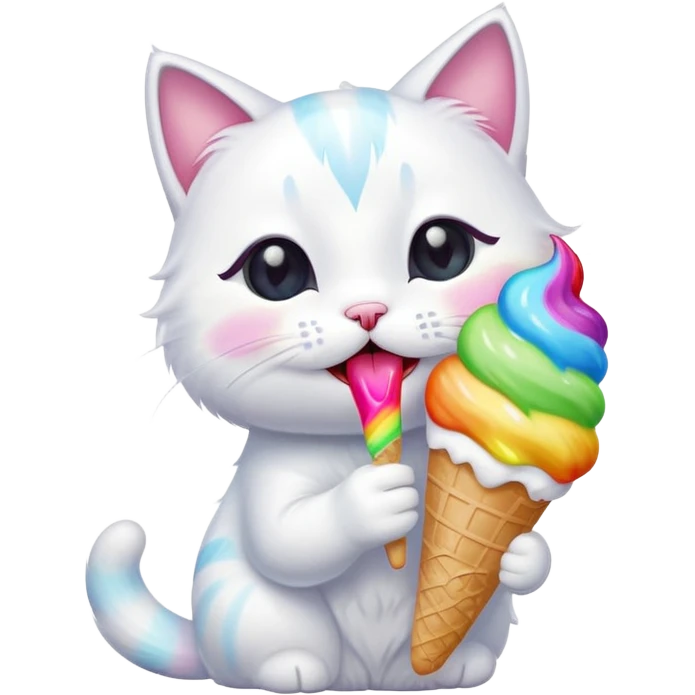 A cute white cat licking a colorful. Ice cream  emoji