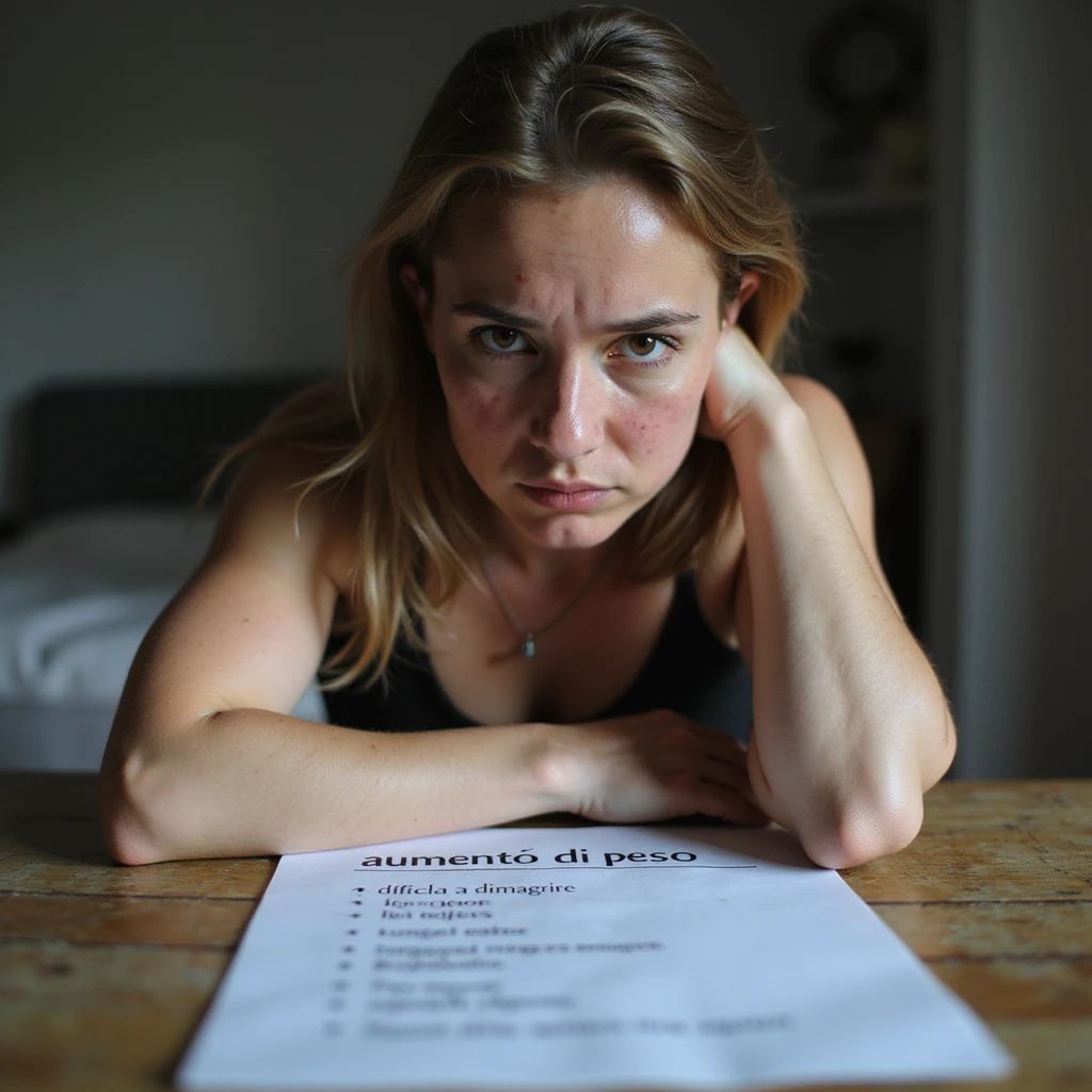hyperrealistic 4K detailed image of a woman with PCOS, face with acne and chin hair, thin hair, list of symptoms on table with highlighted text 'aumento di peso' and 'difficoltà a dimagrire', discouraged expression, domestic environment emoji