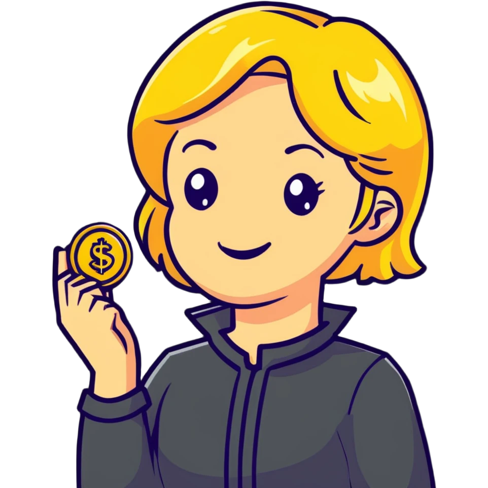 smiling blonde girl holding gold coins emoji