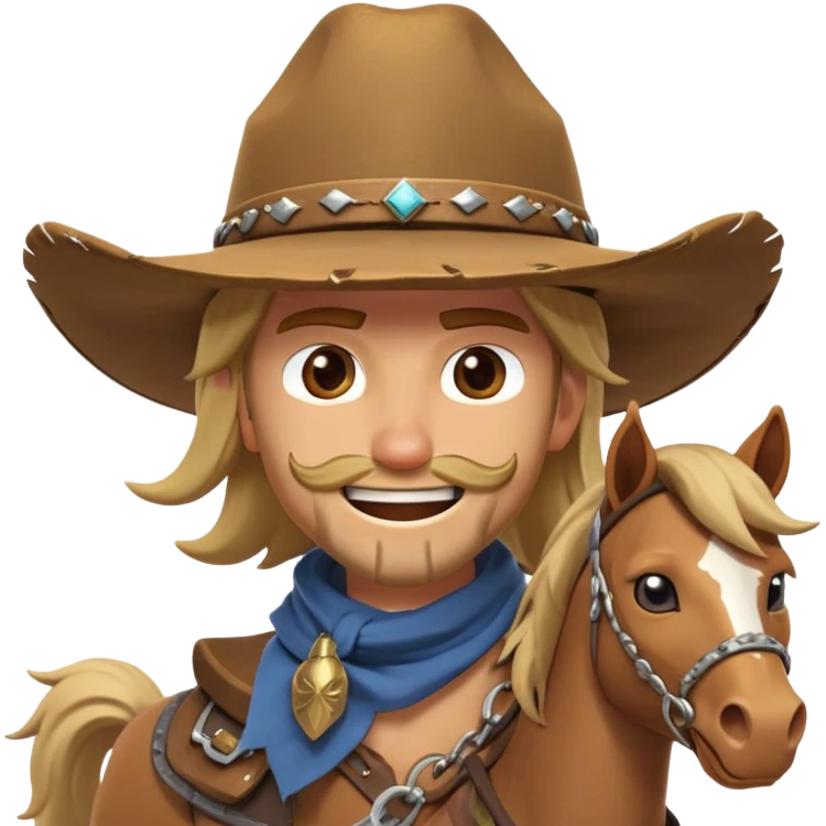 clash-of-clans-aesthetic_-cinematic-playful-cowboy-portrait-emoji, head-tilted with a roguish, cheeky grin and twinkling eyes, featuring a wide-brimmed cowboy hat and a weathered bandana on tan skin, riding a powerful galloping horse with dynamic flowing mane, reins gripped firmly in one hand and a lasso in the other, as dust swirls behind them in a vast desert landscape. emoji