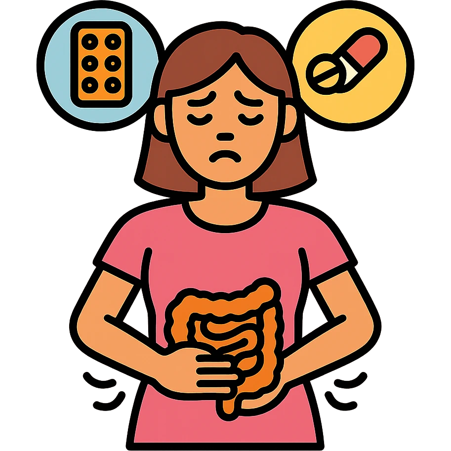 woman with intestinal dysbiosis caused by wrong supplementation, medical infographic style, suffering expression, clinical details, supplement icons, neutral background emoji