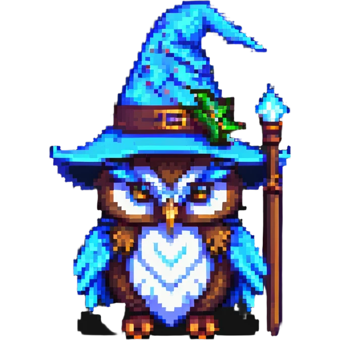 pixel art owl with a wizard hat emoji