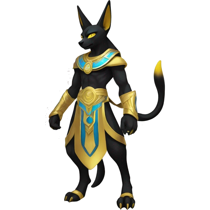 Black godly overpowered ethereal majestic Egyptian Lucario-Umbreon-Cat. Golden Anubis-Rings and yellow ring-markings. Full body emoji