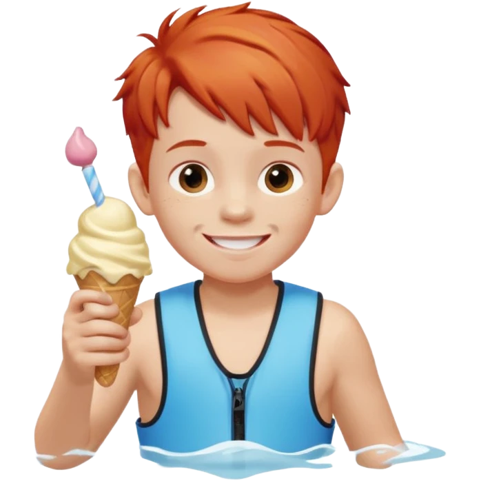 boy kid red haired wearing arm floaties, eating ice cream emoji