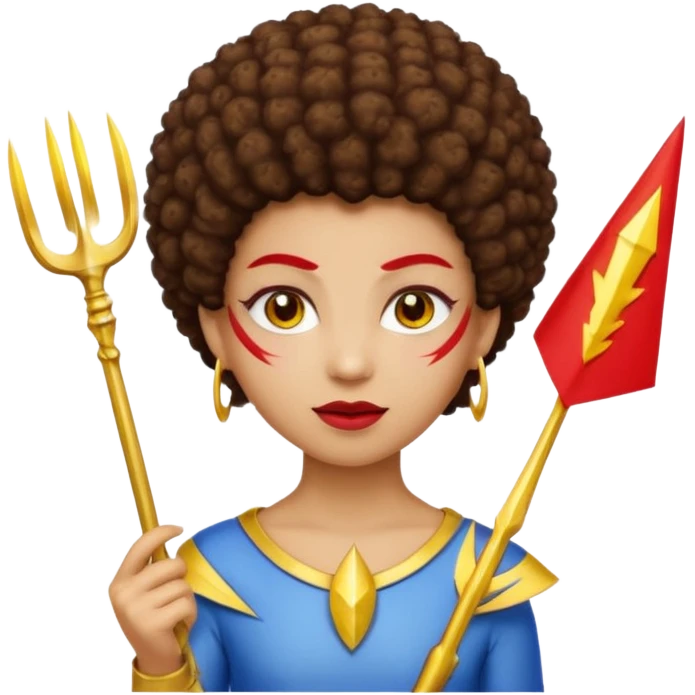 Emoji metisse femboy mais plus masculin avec drapeau ukrainien arriere plan, un afro, sourcils rouge, fourche trident, et eclairs et sur fond bleu clair irrisé. Peau lightskin, yeux marron et cheveux marron bouclés mais en mode afro pixi cut emoji
