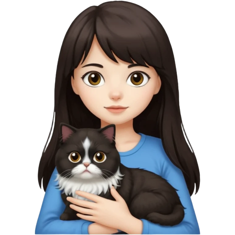 a girl with long, dark brown hair and bangs, carrying a black and white fluffy Persian cat emoji