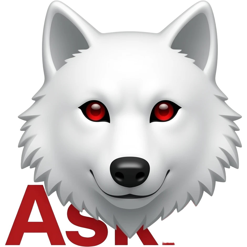 red eyes, white wolf emoji with 𝓐𝓼𝓴𝓲𝓶 word on background emoji