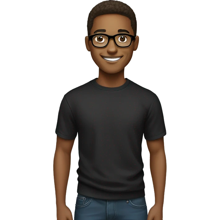 Entrepreneurial 20-year-old boy with black sweatshirt, circular glasses, smiling and straight hair emoji