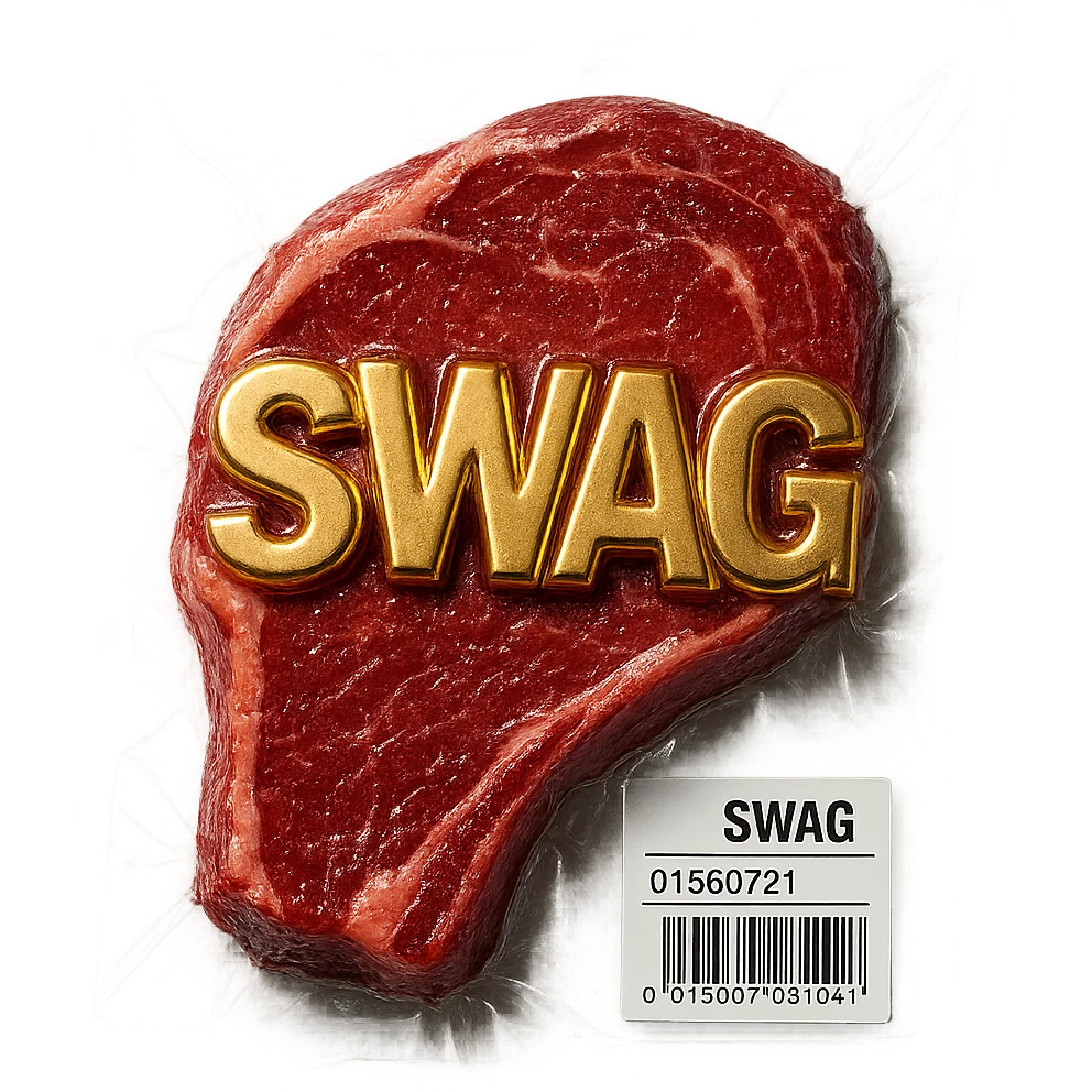 steak with gold 3D 'SWAG' text, extra shiny emoji