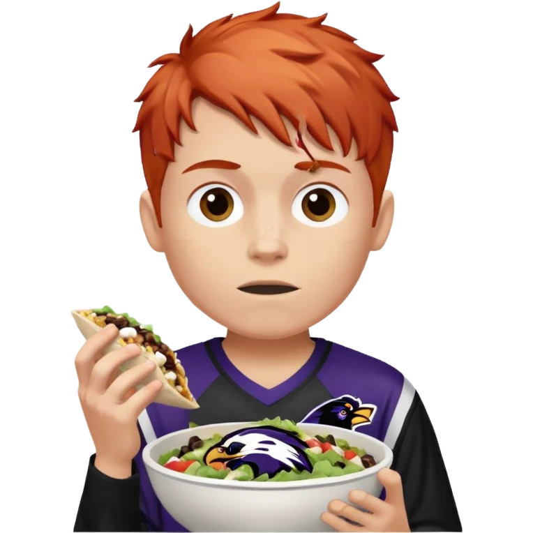 a red-haired boy wearing a ravens jersey and eating a chipotle burrito bowl emoji