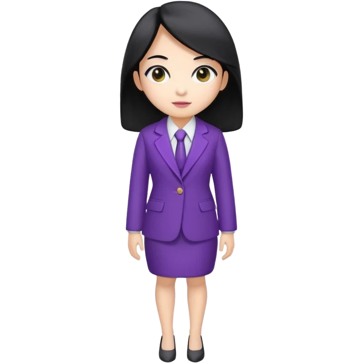 a full body mascot emoji of an Asian female with white skin, big eyes, middle-length black hair which is right at the shoulder, wearing purple business coat and formal suit. Cartoon style. Based on https://attic.sh/fo2aiwi8rc6a78g57vqif7y6z117 emoji