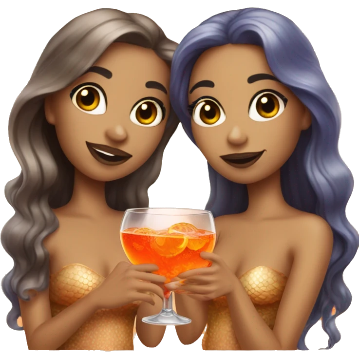 Three beautiful mermaids (light skin) drinking aperol emoji