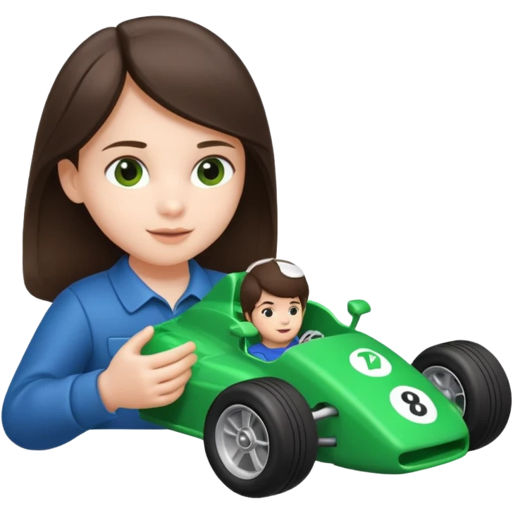 brunette kid playing green formula 1 toy emoji