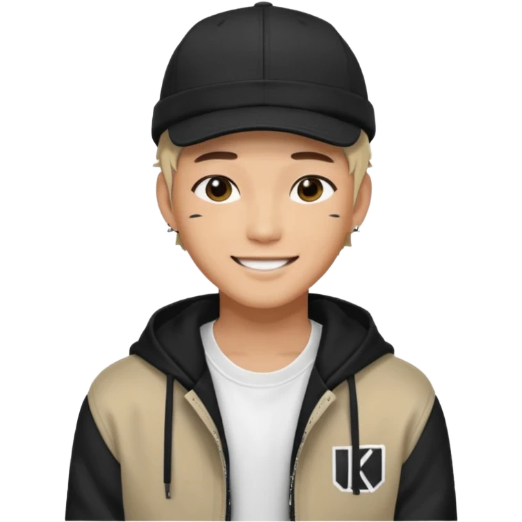 Portrait of a male K-pop idol, wearing a stylish streetwear outfit with layered clothing, makeup, wearing a black cap, happy emoji