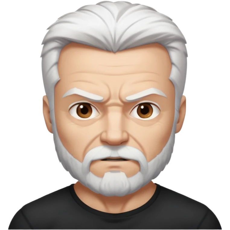 White haired muscled adult man with a black t-shirt. He has white beard with a long goatee. Dark brown eyes and some wrinkles. Attractive, Wolverine vibes. emoji