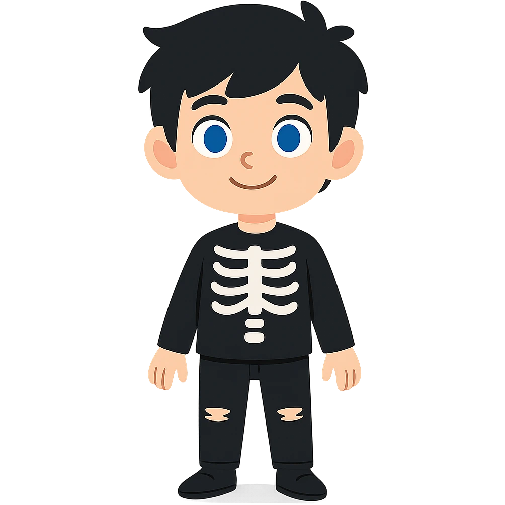 flat toon style black-haired, blue-eyed boy wearing a black skeleton top and ripped black jeans emoji