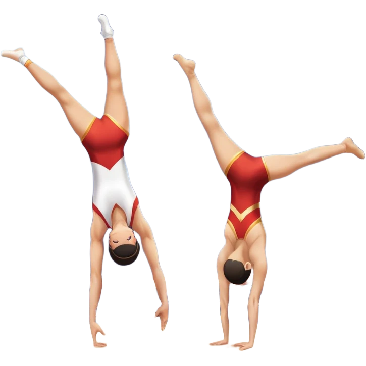 A skilled acrobat performing a handstand with perfect balance, while another acrobat gracefully flips in the air, showcasing their strength and precision. The background features a large gymnasium with bright lights and cheering audience, symbolizing adult acrobatics as a coordinated sport. emoji